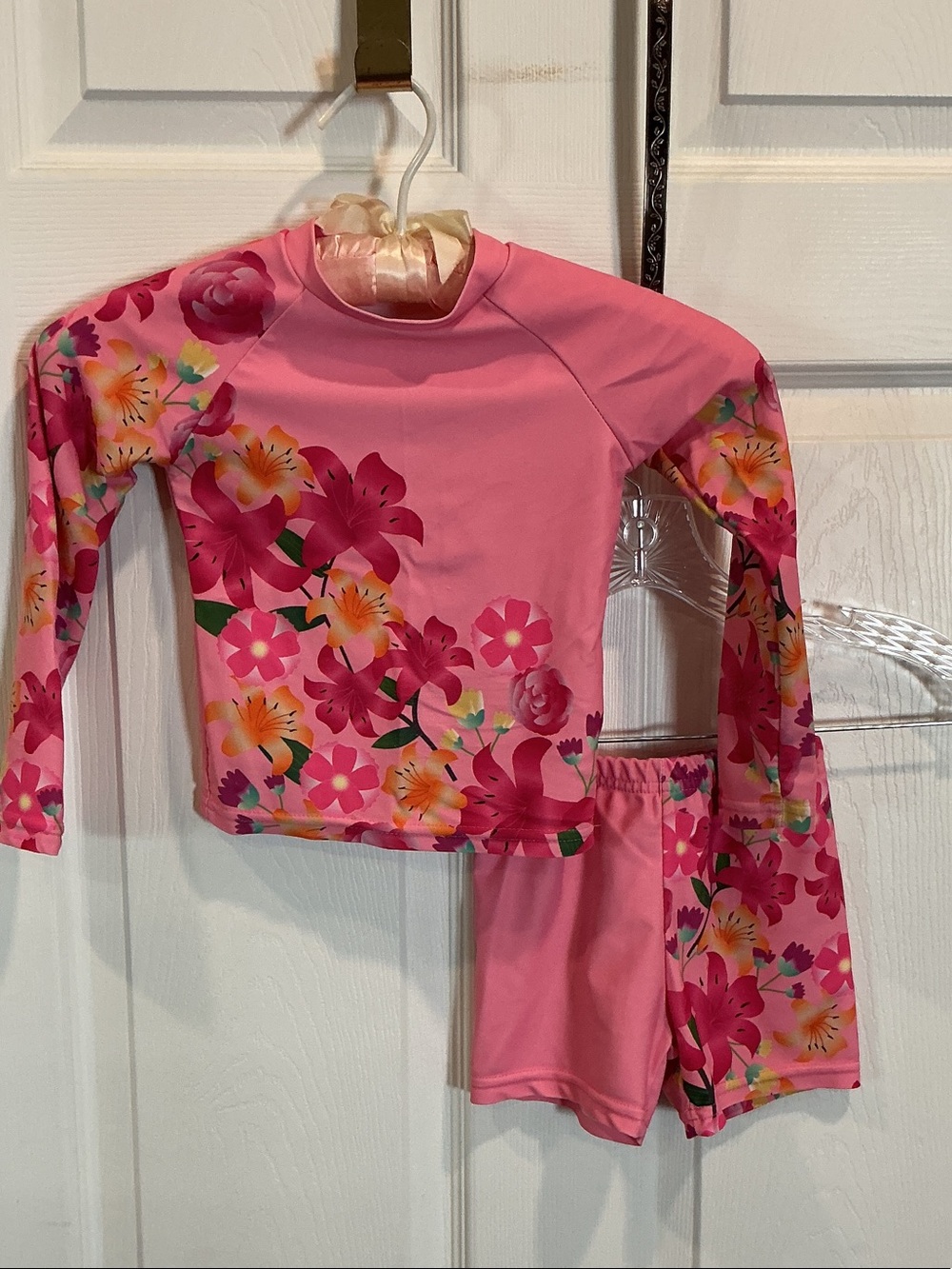 Girls' Pink Floral Rash Guard Set - Long Sleeve Top & Swim Shorts